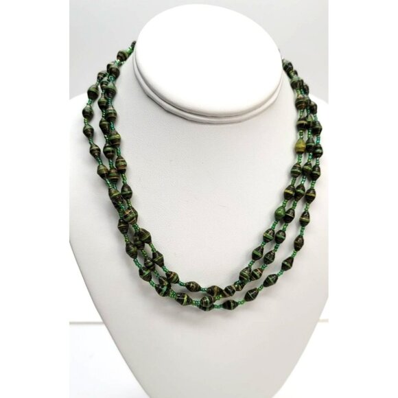 Green Beaded Necklace Glass Microbead and Paper Wrapped Vintage 18" Li300 - Picture 1 of 8